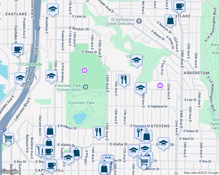 map of restaurants, bars, coffee shops, grocery stores, and more near 1505 16th Avenue East in Seattle
