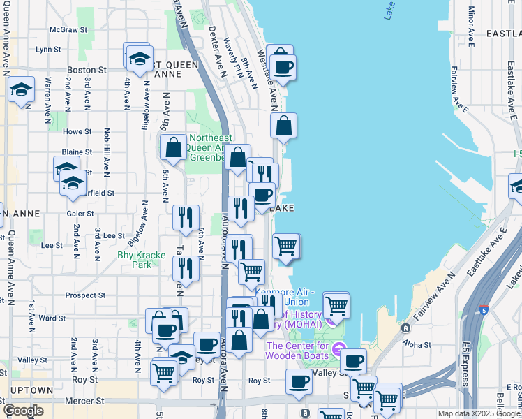 map of restaurants, bars, coffee shops, grocery stores, and more near in Seattle