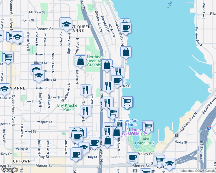 map of restaurants, bars, coffee shops, grocery stores, and more near in Seattle