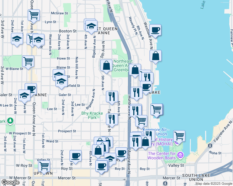 map of restaurants, bars, coffee shops, grocery stores, and more near in Seattle