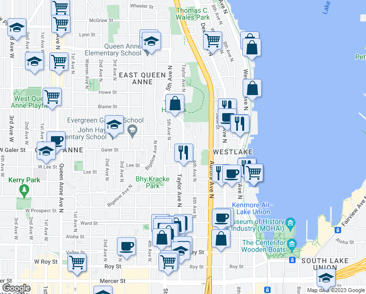 map of restaurants, bars, coffee shops, grocery stores, and more near in Seattle