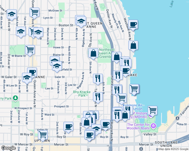 map of restaurants, bars, coffee shops, grocery stores, and more near in Seattle