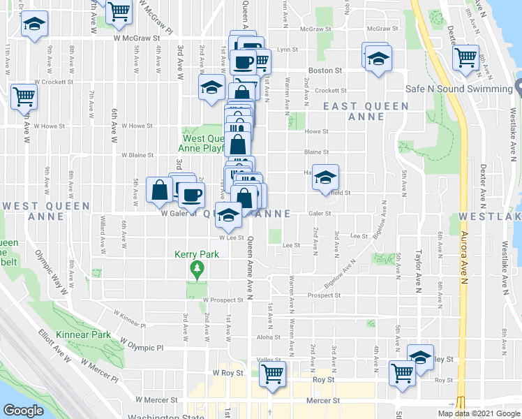 map of restaurants, bars, coffee shops, grocery stores, and more near 1417 Queen Anne Avenue North in Seattle