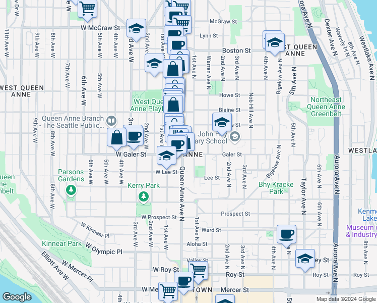 map of restaurants, bars, coffee shops, grocery stores, and more near in Seattle