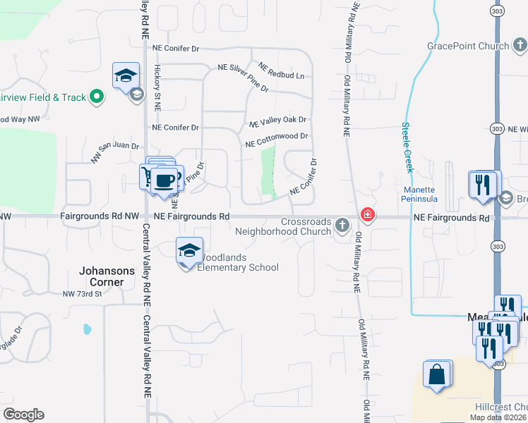 map of restaurants, bars, coffee shops, grocery stores, and more near 451 Northeast Conifer Drive in Bremerton