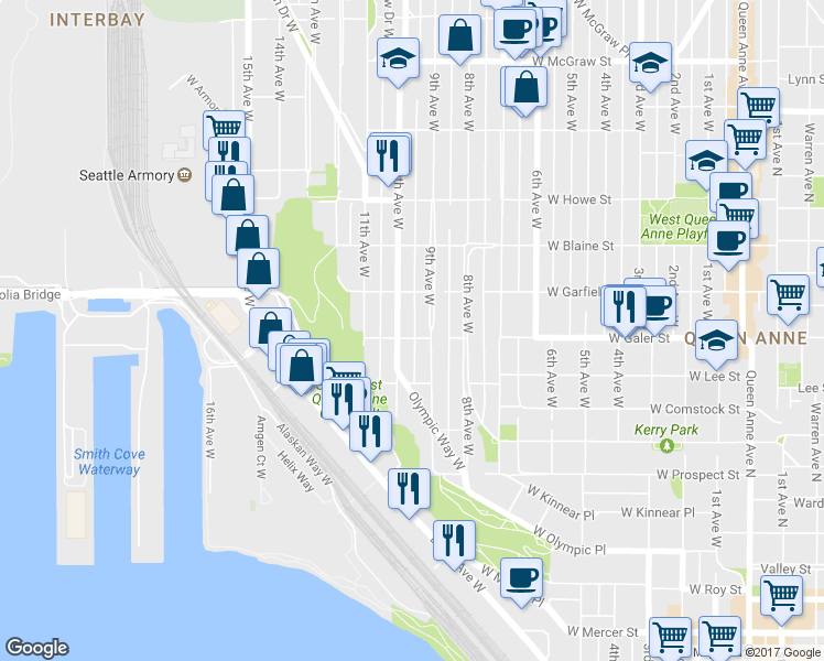 map of restaurants, bars, coffee shops, grocery stores, and more near 914 West Galer Street in Seattle