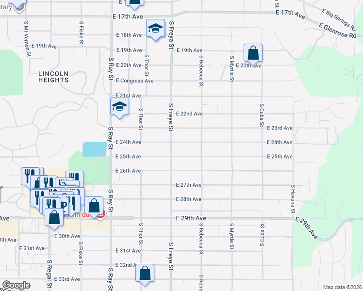 map of restaurants, bars, coffee shops, grocery stores, and more near 3618 East 24th Avenue in Spokane