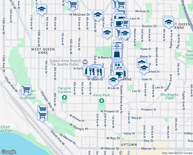 map of restaurants, bars, coffee shops, grocery stores, and more near 224 West Galer Street in Seattle