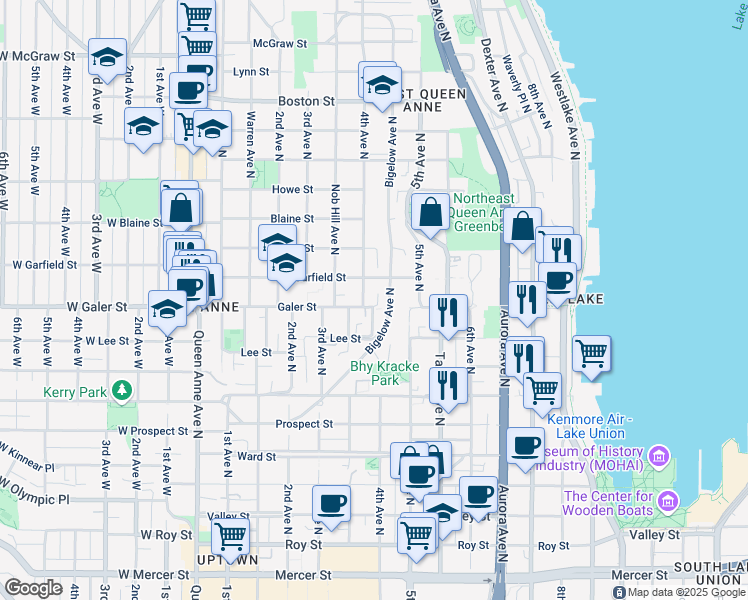 map of restaurants, bars, coffee shops, grocery stores, and more near 406 Galer Street in Seattle