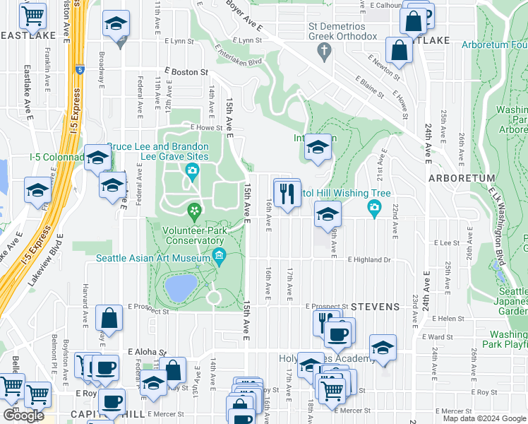 map of restaurants, bars, coffee shops, grocery stores, and more near 1505 16th Avenue East in Seattle