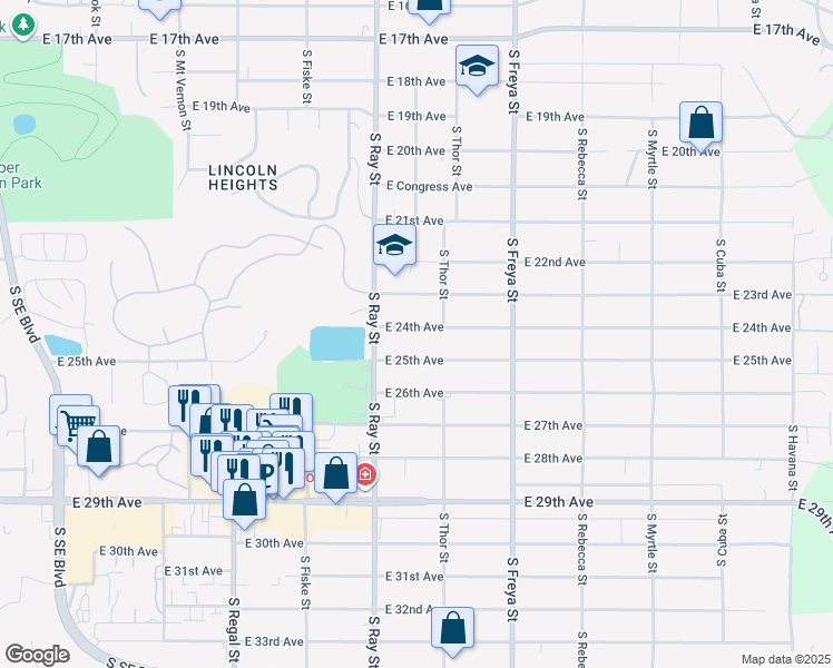 map of restaurants, bars, coffee shops, grocery stores, and more near 3308 East 24th Avenue in Spokane