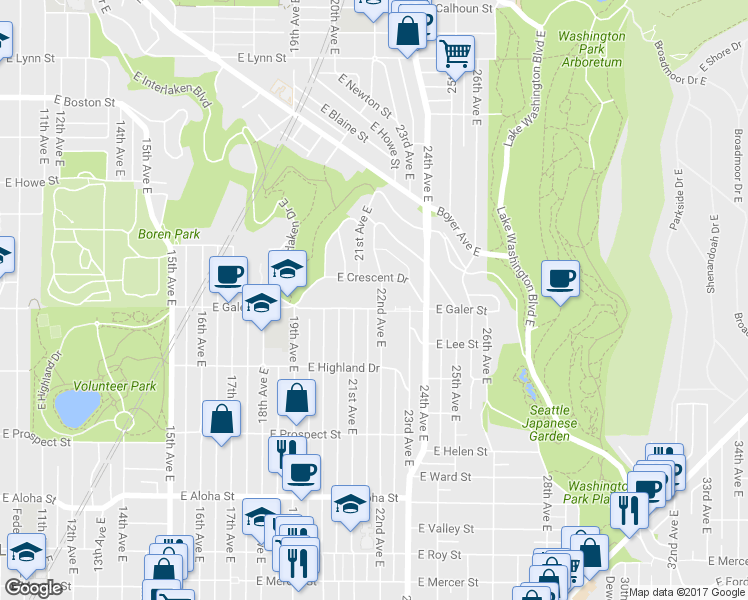 map of restaurants, bars, coffee shops, grocery stores, and more near 2114 East Galer Street in Seattle