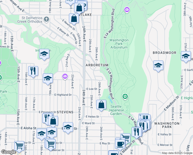 map of restaurants, bars, coffee shops, grocery stores, and more near 2603 East Garfield Street in Seattle