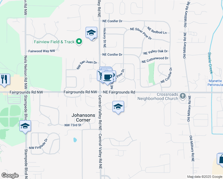 map of restaurants, bars, coffee shops, grocery stores, and more near 6 Northeast Silver Pine Drive in Bremerton