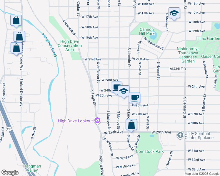 map of restaurants, bars, coffee shops, grocery stores, and more near 1028 West 24th Avenue in Spokane