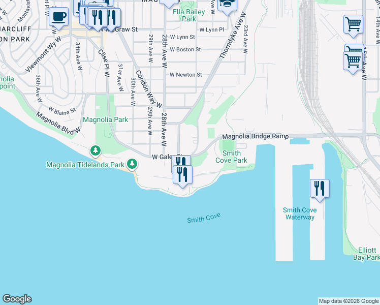 map of restaurants, bars, coffee shops, grocery stores, and more near 2600 West Galer Street in Seattle