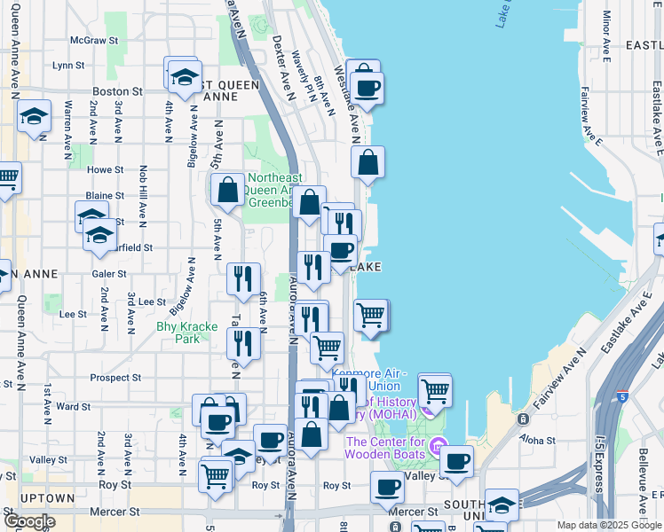 map of restaurants, bars, coffee shops, grocery stores, and more near in Seattle