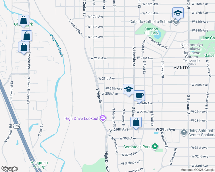 map of restaurants, bars, coffee shops, grocery stores, and more near 1120 West 24th Avenue in Spokane