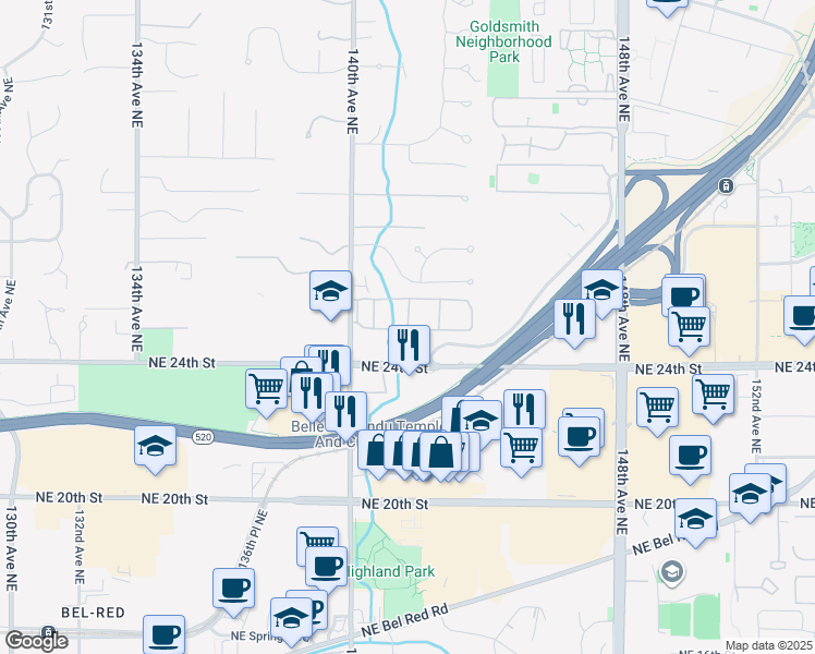 map of restaurants, bars, coffee shops, grocery stores, and more near 14 Northeast 25th Street in Bellevue