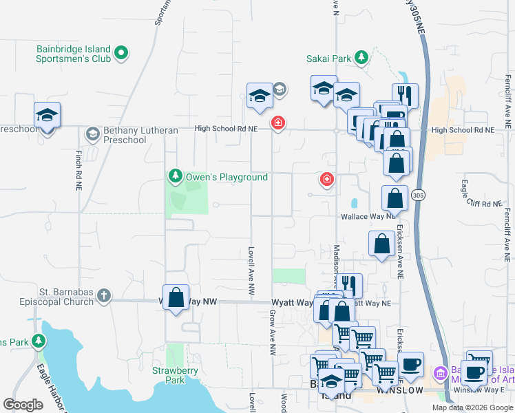 map of restaurants, bars, coffee shops, grocery stores, and more near 950 Lovell Avenue Northwest in Bainbridge Island