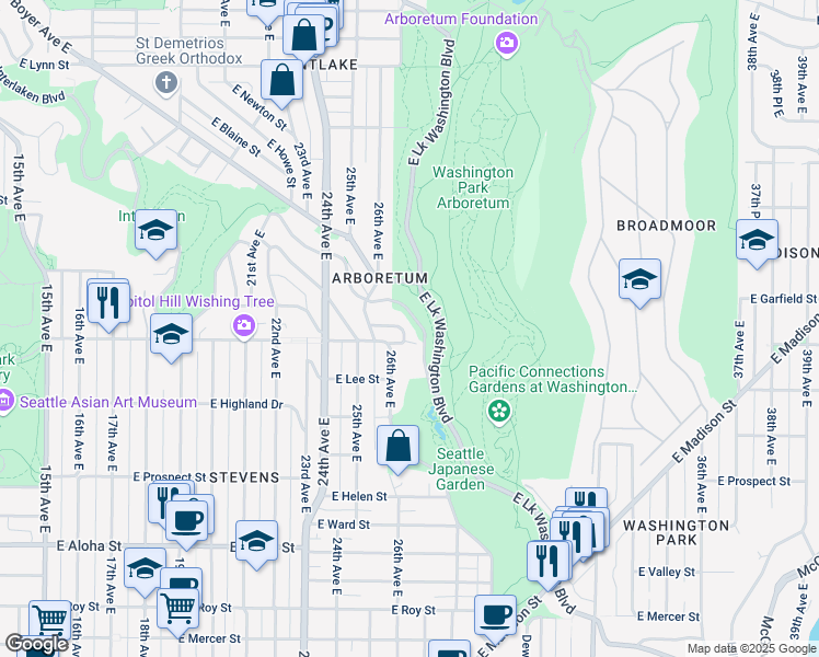 map of restaurants, bars, coffee shops, grocery stores, and more near 1508 Arboretum Place East in Seattle