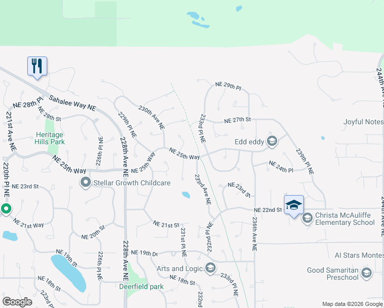map of restaurants, bars, coffee shops, grocery stores, and more near 23132 Northeast 25th Way in Sammamish