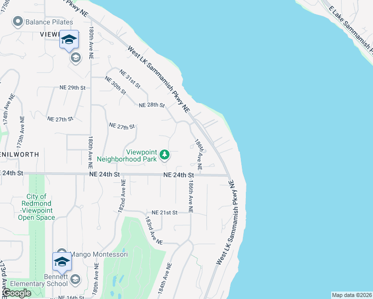 map of restaurants, bars, coffee shops, grocery stores, and more near 18527 Northeast 25th Way in Redmond
