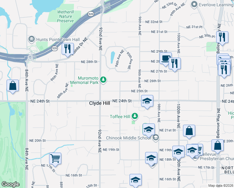 map of restaurants, bars, coffee shops, grocery stores, and more near 2421 94th Avenue Northeast in Clyde Hill