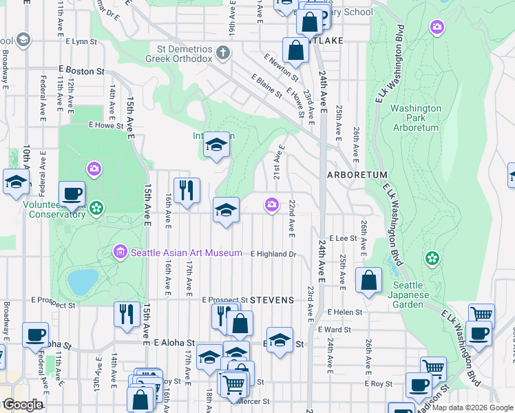 map of restaurants, bars, coffee shops, grocery stores, and more near 2010 East Galer Street in Seattle