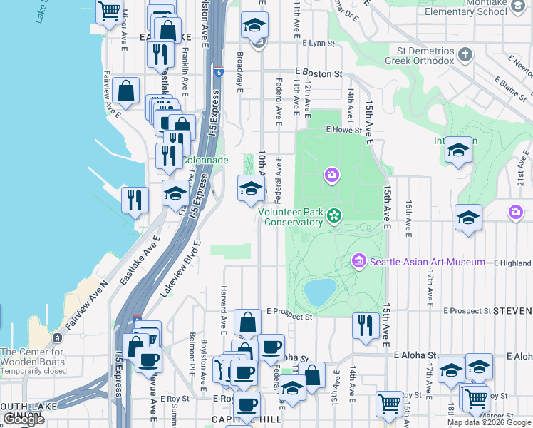 map of restaurants, bars, coffee shops, grocery stores, and more near 1501 10th Avenue East in Seattle