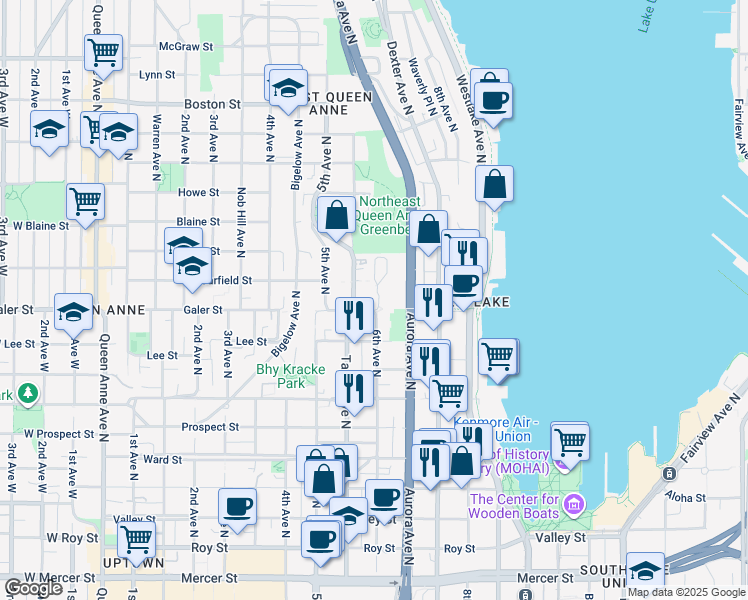 map of restaurants, bars, coffee shops, grocery stores, and more near 570 Galer Street in Seattle