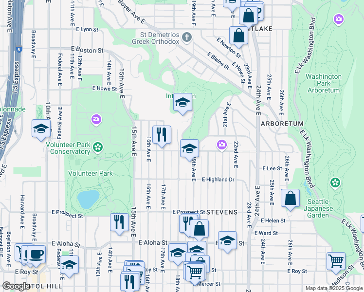 map of restaurants, bars, coffee shops, grocery stores, and more near 1500 18th Avenue East in Seattle
