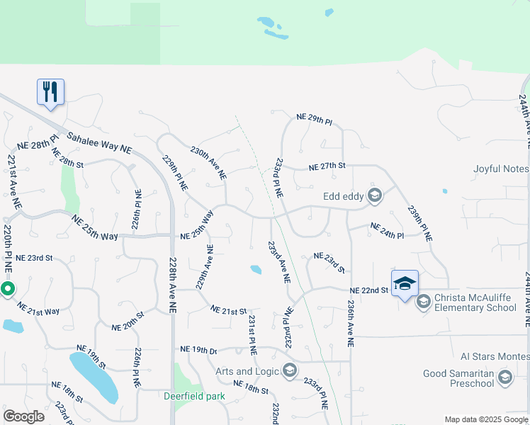 map of restaurants, bars, coffee shops, grocery stores, and more near 23132 Northeast 25th Way in Sammamish