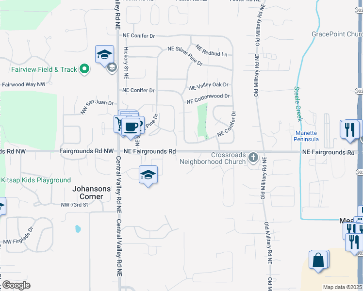 map of restaurants, bars, coffee shops, grocery stores, and more near 427 Northeast Conifer Drive in Bremerton