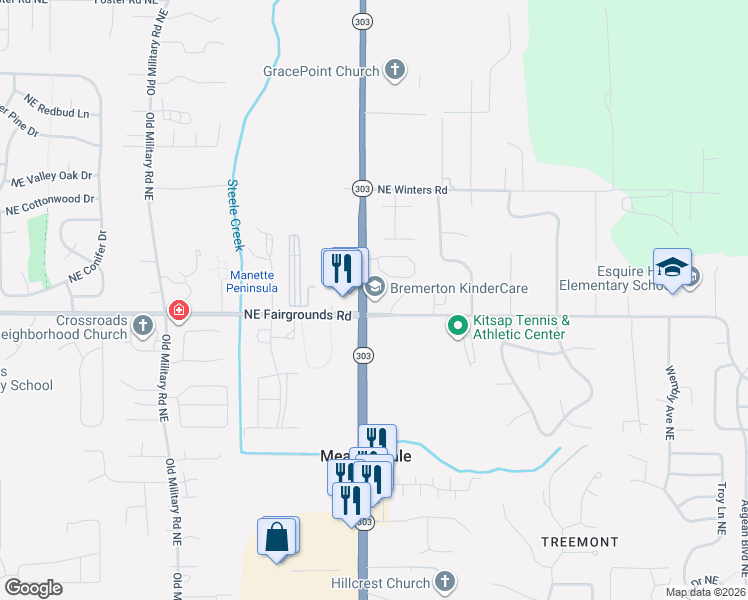 map of restaurants, bars, coffee shops, grocery stores, and more near 7597 Concord Lane Northeast in Bremerton