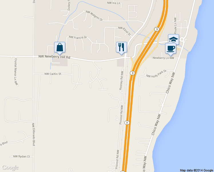 map of restaurants, bars, coffee shops, grocery stores, and more near 4884 Northwest Chad Court in Silverdale