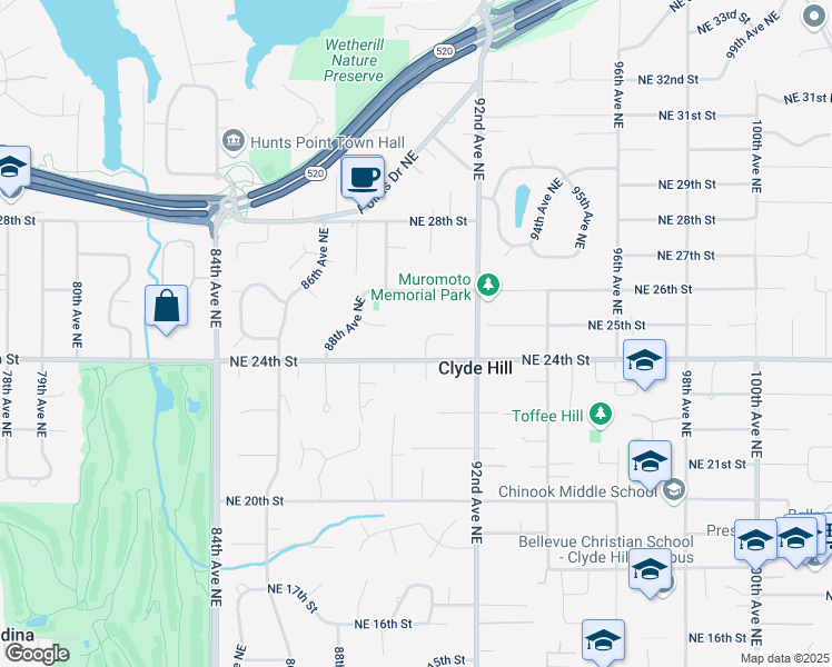 map of restaurants, bars, coffee shops, grocery stores, and more near 2425 91st Place Northeast in Clyde Hill