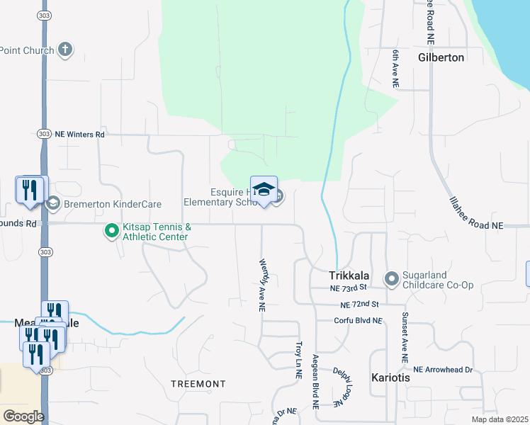 map of restaurants, bars, coffee shops, grocery stores, and more near 2650 Northeast John Carlson Road in Bremerton