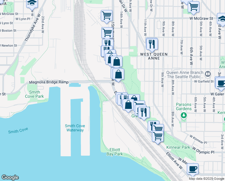 map of restaurants, bars, coffee shops, grocery stores, and more near 1519 15th Avenue West in Seattle