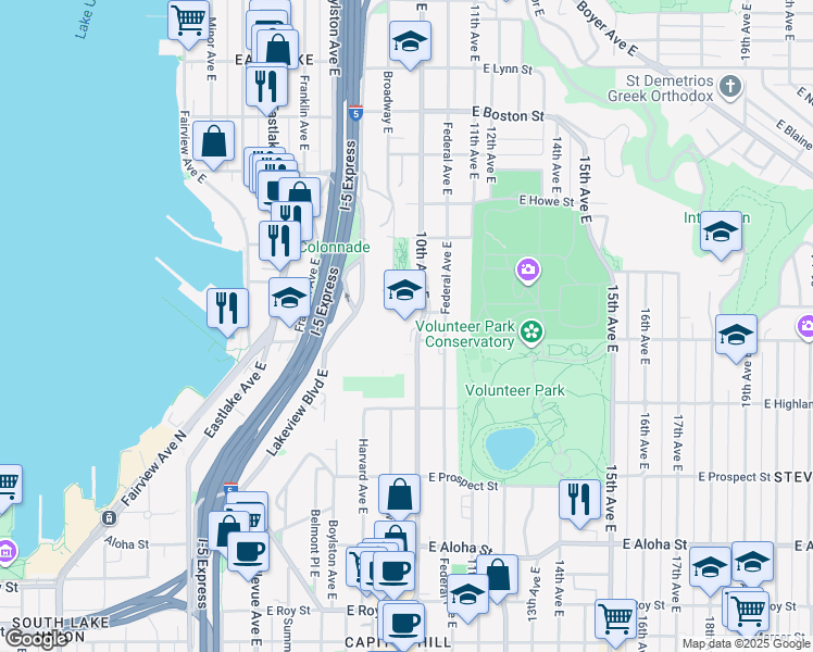 map of restaurants, bars, coffee shops, grocery stores, and more near 1501 10th Avenue East in Seattle