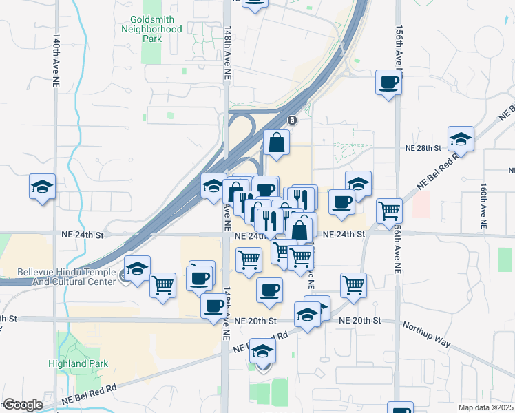 map of restaurants, bars, coffee shops, grocery stores, and more near 15000 Northeast 24th Street in Redmond