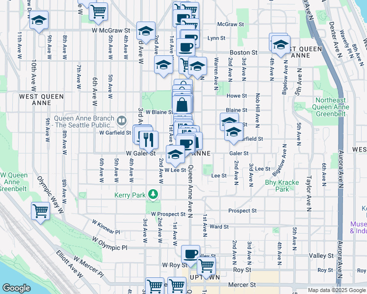 map of restaurants, bars, coffee shops, grocery stores, and more near 20 West Galer Street in Seattle