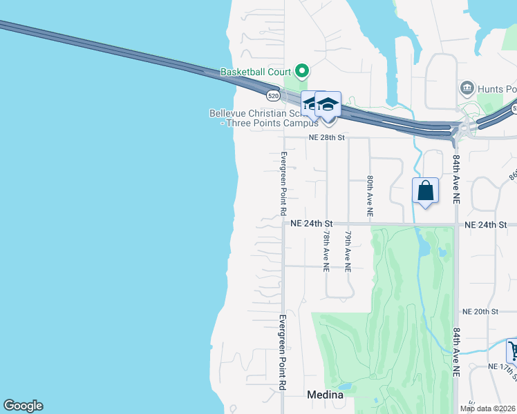 map of restaurants, bars, coffee shops, grocery stores, and more near 2403 Evergreen Point Road in Medina