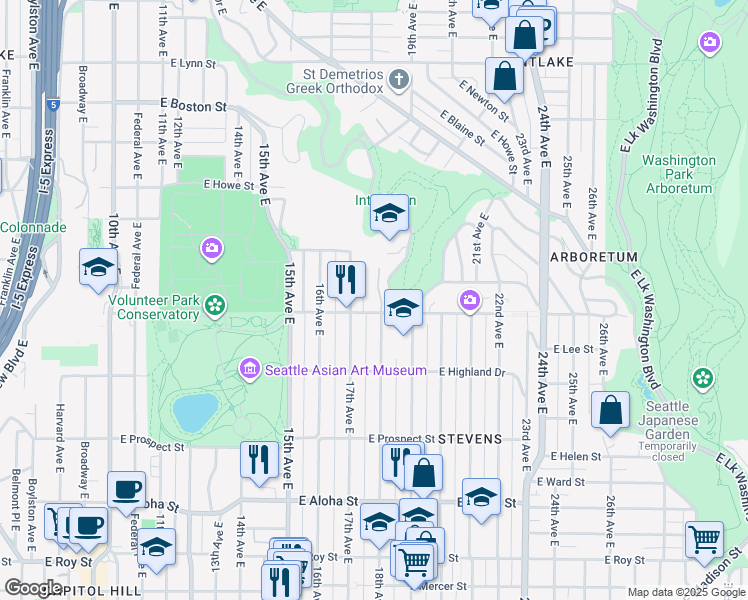 map of restaurants, bars, coffee shops, grocery stores, and more near 1500 18th Avenue East in Seattle