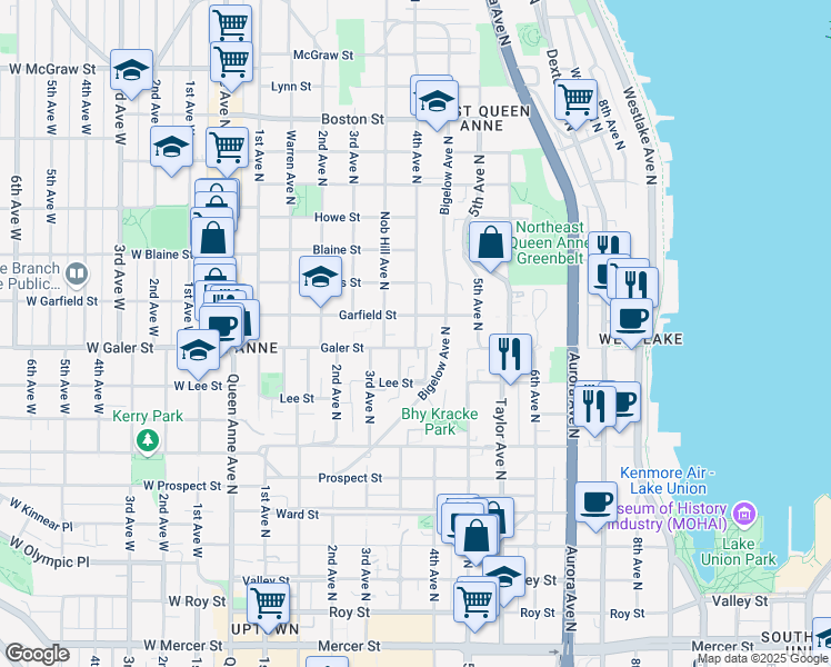 map of restaurants, bars, coffee shops, grocery stores, and more near 406 Galer Street in Seattle
