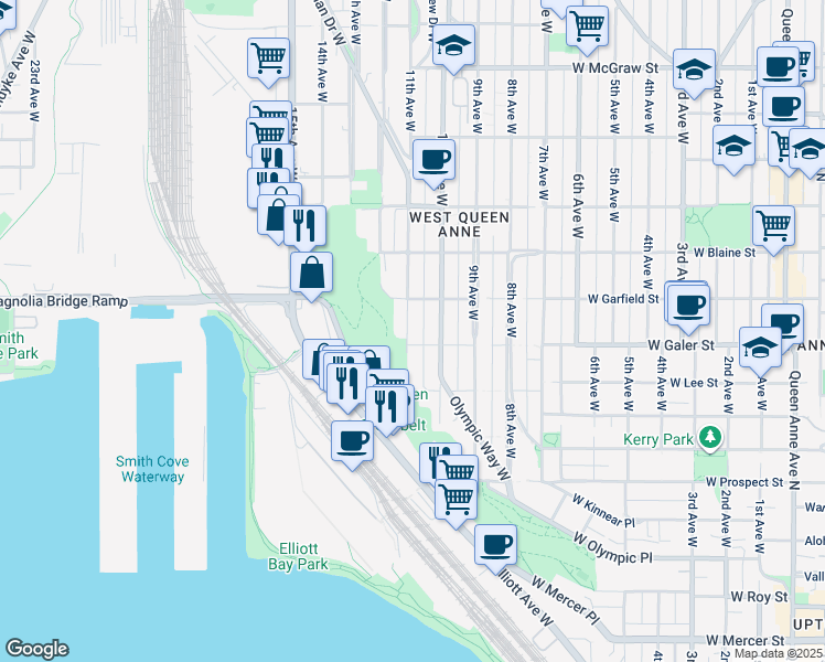 map of restaurants, bars, coffee shops, grocery stores, and more near 1022 West Galer Street in Seattle