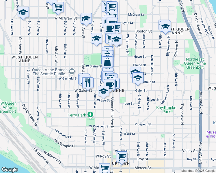 map of restaurants, bars, coffee shops, grocery stores, and more near 1507 Queen Anne Avenue North in Seattle