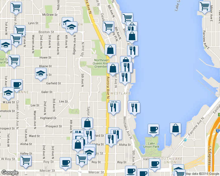 map of restaurants, bars, coffee shops, grocery stores, and more near 1504 Aurora Avenue North in Seattle
