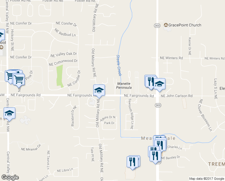 map of restaurants, bars, coffee shops, grocery stores, and more near 7677 Beacon Place Northeast in Bremerton