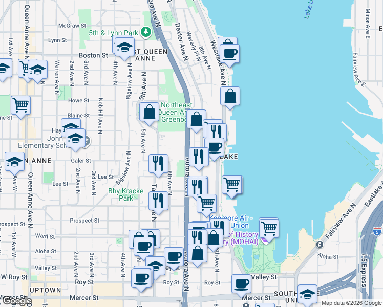 map of restaurants, bars, coffee shops, grocery stores, and more near 1504 Aurora Avenue North in Seattle